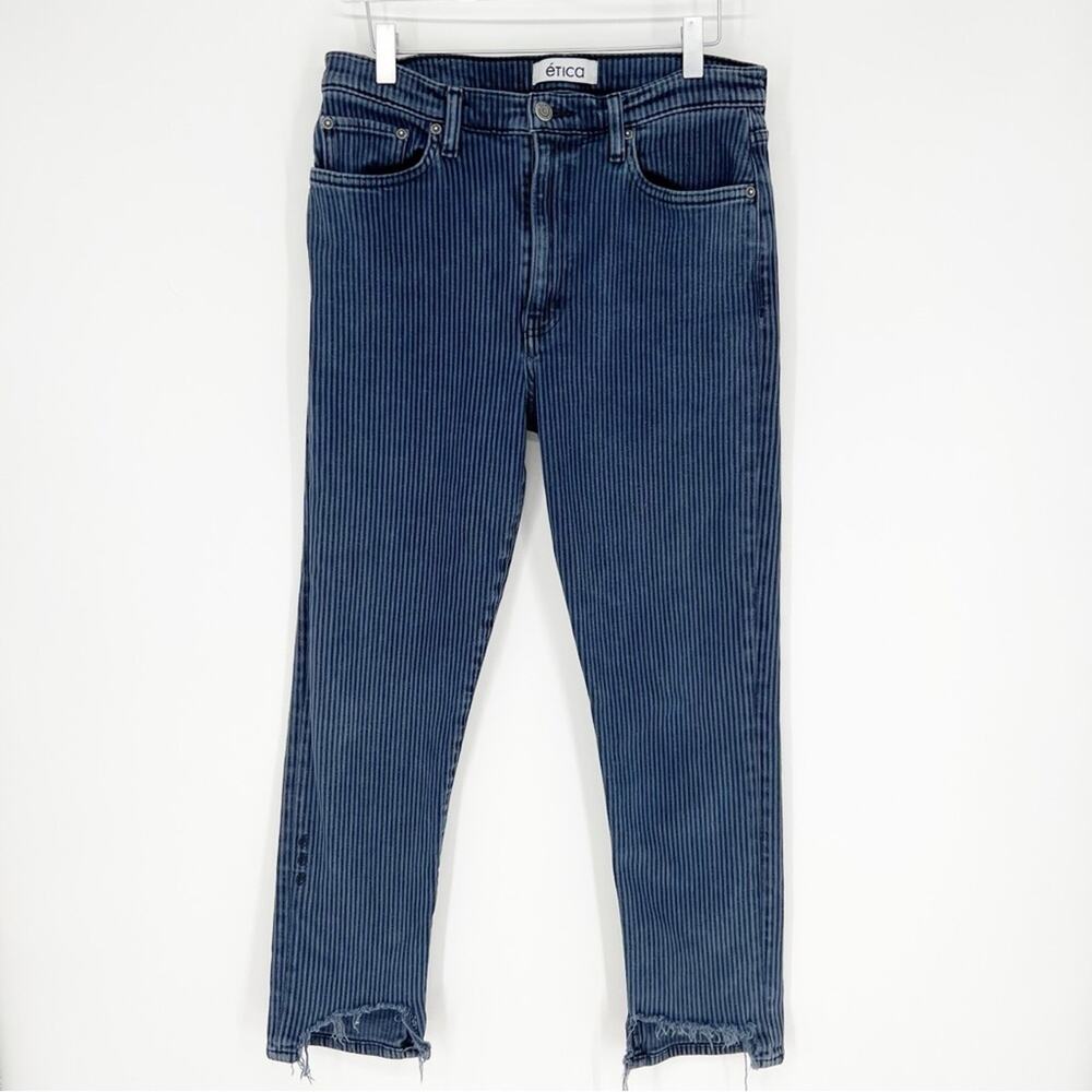 Etica Scarlett Mid Rise‎ Skinnyish Leg Chewed Hem Jeans 30 Night Stripe - Picture 2 of 9